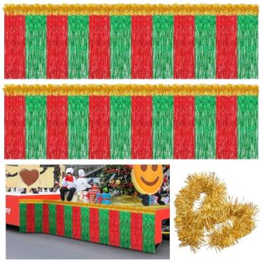 Imagem de Crowye O conjunto de 10 peças de decoração de Natal grande para desfile inclui saia de mesa com franjas de 2,7 x 0,7 m, faixa torcida de guirlanda de 16,7 x 0,8 cm (vermelho, verde, dourado)