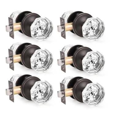 Imagem de Pacote com 6 maçanetas de vidro Orger para corredor e armário, maçanetas de porta de passagem de cristal com formato de diamante redondo, maçanetas internas sem trava, acabamento em roseta redonda