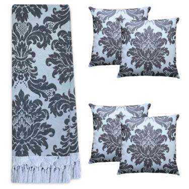 Imagem de Kit Manta Xale Para Sofá E Cama Cores Com 4 Capas de Almofada (1,40 X 1,80,74 PRATA/PRETO)