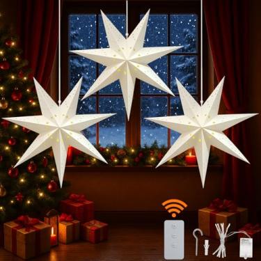 Imagem de YPGFDZYDHH 3 peças de lanterna de estrela de papel com luzes LED, 58 cm, 7 pontos, estrela pendurada para Natal, casamento, aniversário – Lanterna de papel 3D branca estrela clássica com controle