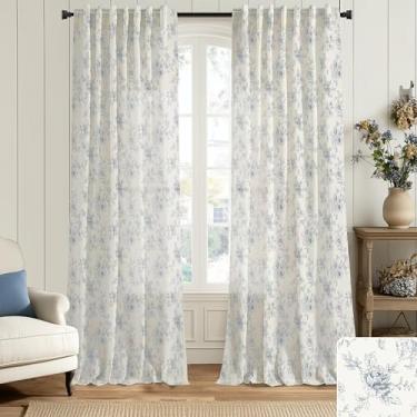 Imagem de Cortinas de fazenda estampadas para sala de estar, azul claro floral toile country azul empoeirado cinza cinza cortinas costeiras para quarto 213 cm comprimento conjunto de 2 painéis