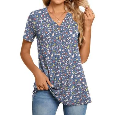 Imagem de Túnica BISHUIGE feminina Henley Button, manga curta e decote em V