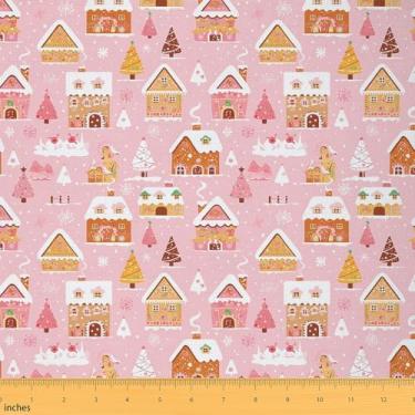 Imagem de Feelyou Tecido rosa Merry Christmas Outdoor Tecido Gingerbread Man da The Yard Tecido de estofamento de casa de doces de Natal para cadeiras 1 jarda árvore de Natal feliz e decoração de tecido de