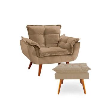 Imagem de Conjunto 1 Poltrona com 1 Puff Opala Luxo com Pés Estilo Retrô - Bege 
