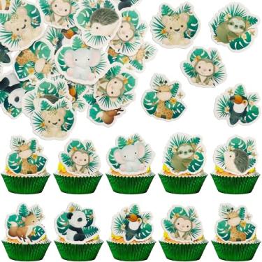 Imagem de Gyufise 54Pcs Edible Jungle Safari Animal Cupcake Toppers Wafer Paper Animal Cake Toppers Dessert Muffin Cake Picks Cake Decoration for Baby Shower Birthday Party Decoration Green