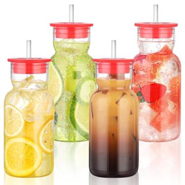 Imagem de CWHHRN Copos de vidro de 500 ml com tampa e canudo, copo de vidro com canudo e tampa, vidro vintage para suco de cerveja de coquetel de uísque, xícaras de café gelado com tampa (pacote com 4)