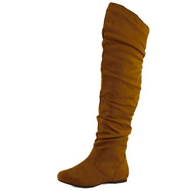 Imagem de Nature Breeze Vickie-41Th bota feminina elástica cano alto salto plano meio tamanho pequeno, Camel Suede, 11