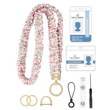 Imagem de Cordão elástico elástico para crachás de identificação, cordão de professor fofo para mulheres com 2 porta-crachá transparente (floral rosa)