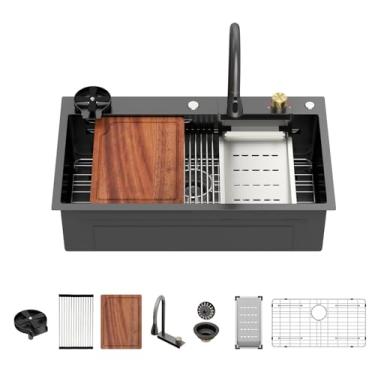 Imagem de Pia de cozinha em cascata preta de 83 cm - pia de cachoeira Beslend de 83 x 48 cm, pias inteligentes para estação de trabalho nano preta, aço inoxidável calibre 16, bacia de prato única com combinação