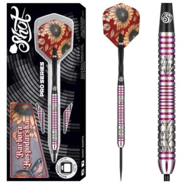 Imagem de Shot! Conjunto de dardos com ponta de aço Barbora Hospodarska Pro Series 90% barris de tungstênio feito à mão e conjunto de dardos profissional feito na Nova Zelândia, ponta de metal para alvo de