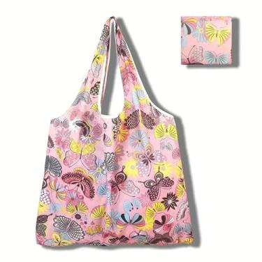 Imagem de 1 bolsa de compras grande dobrável, bolsa quadrada de pano de flor, bolsa de mão portátil reutilizável, bolsa de compras à prova d'água para mulheres - rosa