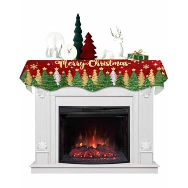 Imagem de Cachecol de cornija de árvore de Natal 178 x 43 cm, flocos de neve de inverno, vintage, pano de lareira vermelha, cobertura de cornija para decoração de mesa para festas de fim de ano, sala de estar