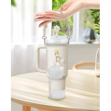 Imagem de Conjunto de acessórios de copo de 7 peças para Stanley, kit completo de acessórios para garrafa Stanley Cup 1,134 g e 850 g, com alça de alça/bota de silicone/capas de palha/pingentes, branco