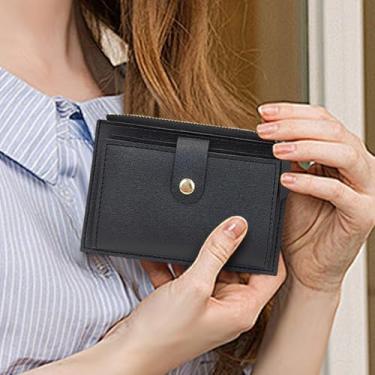 Imagem de Carteira feminina de couro, pequena, de couro, com zíper, porta-moedas, porta-cartões de crédito, 7 compartimentos para cartões de moedas, Preto, Simples