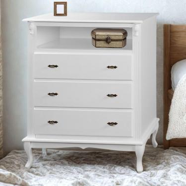 Imagem de Cômoda Rústica Com 3 Gavetas E Nicho Pés Luiz Xv - Branco Laca