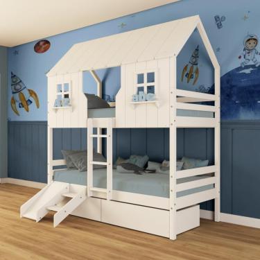 Imagem de Beliche Casinha Encantada Com 02 Gavetas Kit Escada/ Escorregador Madeira Maciça Branco Megamobilia