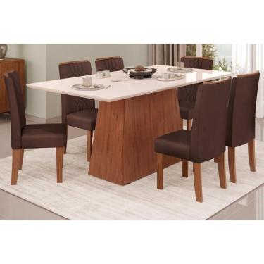 Imagem de Cozinha Completa Dulce Tampo Madeirado Com Vidro Reto 180x90cm E 6 Cadeiras Zoe Freijó Off White Suede Moca