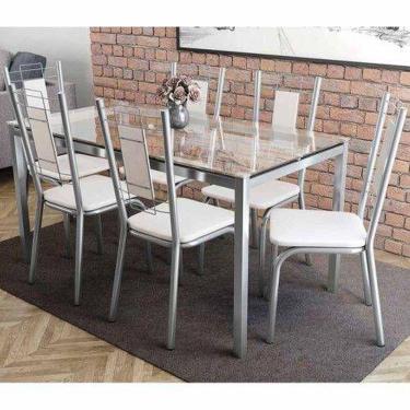 Imagem de Conjunto: Mesa De Cozinha Reno Vidro 150cm + 6 Cadeiras Cromada-branco - Kappesberg