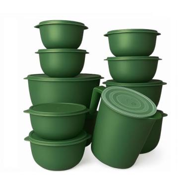 Imagem de Kit 10 Bowl Potes + Jarra 1,8L Cozinha Saladeira Pote Marmitas Plástico (Verde Oliva)