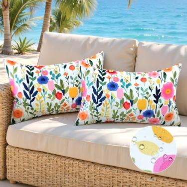 Imagem de Cythasily 2 conjuntos de capas de almofada para ambientes externos à prova d'água 30,5 x 50,8 cm, capa de almofada quadrada para primavera, verão, jardim, barraca, varanda, banco, sofá, pátio, flor