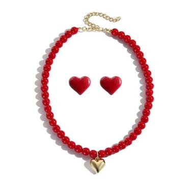 Imagem de ONLYJUMP 2 pares de brincos de colar de coração vermelho para mulheres elegantes colares gargantilha coração pérola moda festa de casamento formatura noiva presente de dama de honra, Large, Liga de