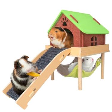 Imagem de BESNEW Rede 3 em 1 para porquinhos-da-índia ampliada, esconderijo de madeira para porquinhos-da-índia com casa, plataforma e escadas, brinquedos de animais pequenos para esconder atividades de sono