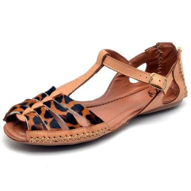 Imagem de Sandalia Rasteira Conforto Feminina Couro de Marrom Animal Print Salto Baixo Fecho Ziper e Fivela