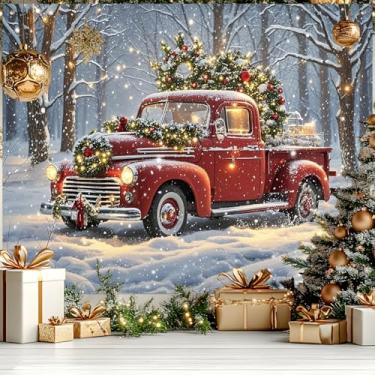 Imagem de HOMETITUTE Faixa de Natal 2,4 x 1,8 m Caminhão Vintage Vermelho com Árvore Cena de Floresta Nevada Cenário de Férias para Decoração de Festa de Natal Inverno País das Maravilhas Interior e Exterior