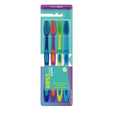 Imagem de Kit 4 Escova de Dentes Cerdas Médias Coloridas Pack Anual Kess