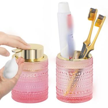 Imagem de Fvstar Suporte para Escova de Dentes de Vidro, Conjunto de Suporte para Escova de Dentes e Pasta de Dentes Rosa, Dispensador de Sabonete Líquido de Espuma Recarregável, Porta-Copos (, Rosa)