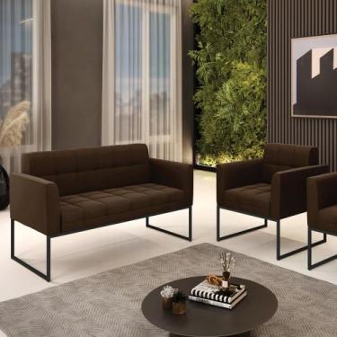 Imagem de Kit 1 Sofá Namoradeira e 1 Poltrona Elisa Suede Marrom Base Metálica I