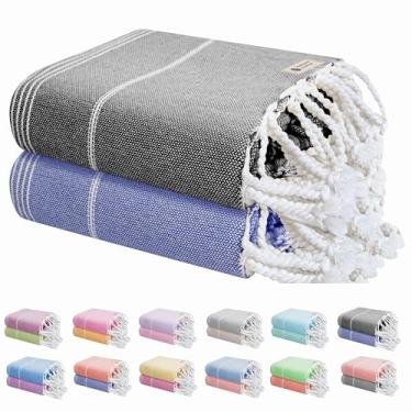 Imagem de HEIRLOOM COMFORT Pacote com 2 toalhas de praia turcas, grandes 102 x 180 cm, sem areia, 100% algodão, secagem rápida, absorvente, leve, spa, piscina, viagem, lavável na máquina - preto e azul índigo