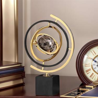 Imagem de Mataura Decoração de globo de escultura de mármore com anéis de metal dourado, ornamento de arte abstrata moderna em base de mármore sólido, estátua de escultura de decoração de mesa de escritório em