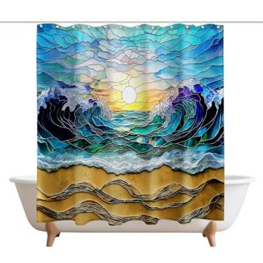 Imagem de XMWYTJ Cortinas de praia de vidro manchado, chuveiro, litoral, oceano, nascer do sol, decoração de porta de celeiro, tecido de poliéster, à prova d'água, conjunto de cortinas de banheiro com 12