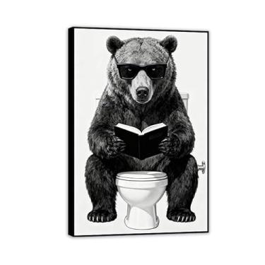 Imagem de SDYJ6GSW Decoração de parede de banheiro preto e branco impressões em tela de animais modernos pintura arte urso no banheiro lendo imagens de jornal para banheiro banheiro 75 x 50 cm (76.2x50.8 cm