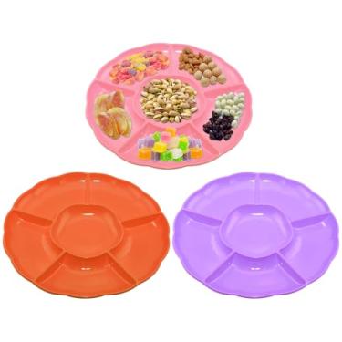 Imagem de CAOXIAOXUYAO Bandejas redondas de plástico de 30,5 cm com 3 unidades, 6 pratos secionais para servir pratos de comida para doces, nozes, vegetais, frutas, ação de graças (3, rosa, roxo, laranja)