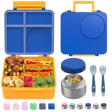 Imagem de joyYum Bento Box para crianças, lancheira para adultos com utensílios, pote de sopa térmica de aço inoxidável, recipientes reutilizáveis para lanche para escola, trabalho, viagens, sem BPA, fácil de
