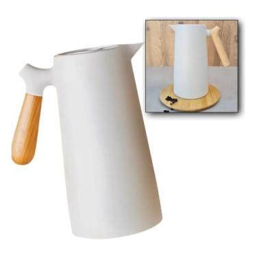 Imagem de Garrafa Térmica para Café e Chá, Branca com Cabo de Madeira, Capacidade 1L, Sistema a Vácuo