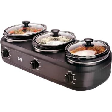 Imagem de Rechaud Elétrico Triplo Buffet Slow Cooker em Aço Inox Preto - 127V com 3 Panelas Cubas de Cerâmica com Tampas de Vidro Temperado - Para Servir na Cozinha Festas Eventos Caldos Sopas Pratos Quentes