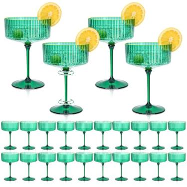 Imagem de HKSZEH 24 peças de copos de plástico para martini de 283 g com aro dourado destacável, verde, canelado, copo de coquetel vintage para bar, margarita, gin, tequila, sobremesas e lanches
