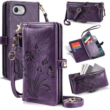 Imagem de Lacass Capa carteira para iPhone 16e, [proteção contra roubo de cartões] Suporte de cartão com zíper de couro flip alça de pulso transversal com suporte (floral roxo escuro)