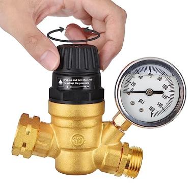 Imagem de BRIGHTDECK Regulador de pressão de água para trailer, volante ajustável de latão sem chumbo com medidor e filtro filtrado de entrada, universal para trailer, trailer, viagem, trailer, canalização