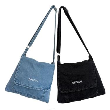 Imagem de 2 peças bolsa de ombro jeans azul preta bolsa tiracolo bolsas ajustáveis para celular para mulheres