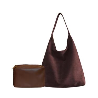 Imagem de Ruvafeny Bolsa feminina de camurça, bolsa de ombro de camurça, bolsa de mão despojada, bolsa de mão e conjunto de carteira para trabalho e viagem, Café