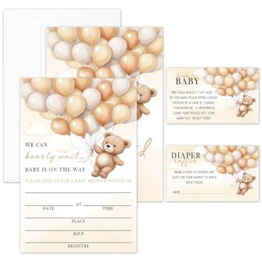 Imagem de Conjunto de convites para chá de bebê, convites de chá de bebê com balão de urso fofo para bebês meninos, meninas, 25 convites com envelopes, cartões de solicitação de livro e ingressos de sorteio de