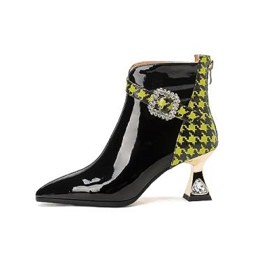 Imagem de TinaCus Bota feminina de couro envernizado feita à mão bico fino com strass salto médio cores mistas zíper até o tornozelo com fivela, Amarelo, 36