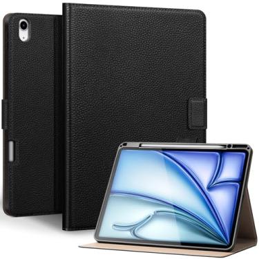 Imagem de Thryxop Capa de couro genuíno para iPad Air de 13 polegadas M3 2025 e M2 2024 | com suporte para lápis e suporte ajustável, fecho magnético, capa automática para despertar/hibernar | preta