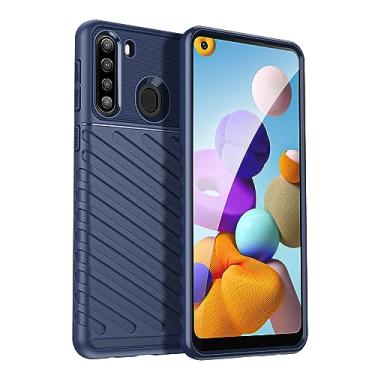 Imagem de IDEWEI Capa para Samsung Galaxy A21. Fibra de carbono refinada, anti-queda, anti-impressões digitais, proteção integral. A capa do telemóvel é compatível com Samsung Galaxy A21