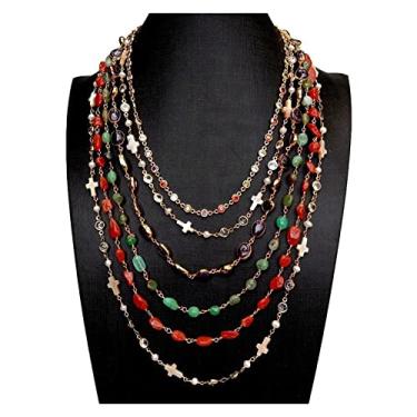 Imagem de URMIBDAI 6 fileiras ametista crisoprase sangue ágata concha zircônia cúbica pave rosário colar pingente 45,7 cm