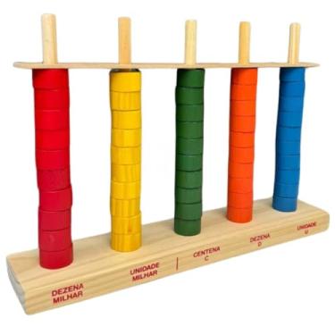 Imagem de Ábaco de Madeira – 50 Argolas Coloridas, 5 Hastes – Brinquedo Educativo para Contagem e Coordenação